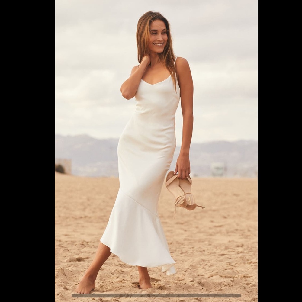 Lulus White Satin Asymmetrical Tiered Midi Dress